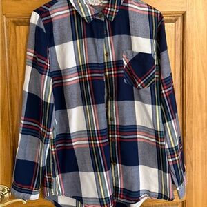 Navy and Red Plaid Button-Up Shirt